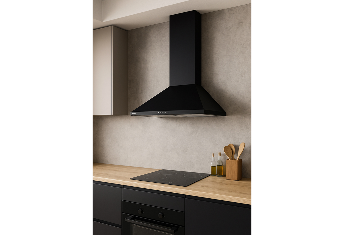 Απεικονίζεται ο απορροφητήρας εγκατεστημένος σε κουζίνα.